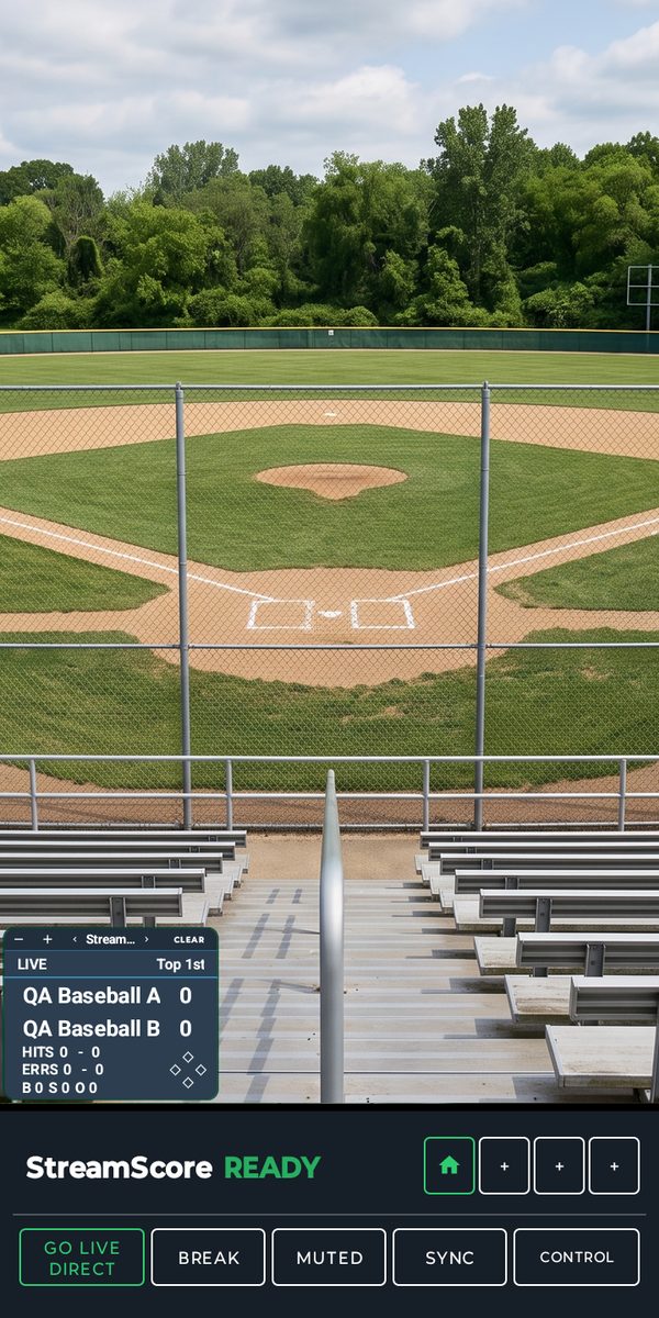 StreamScoreLive on a phone: a baseball diamond with the line score, hits, errors and the count