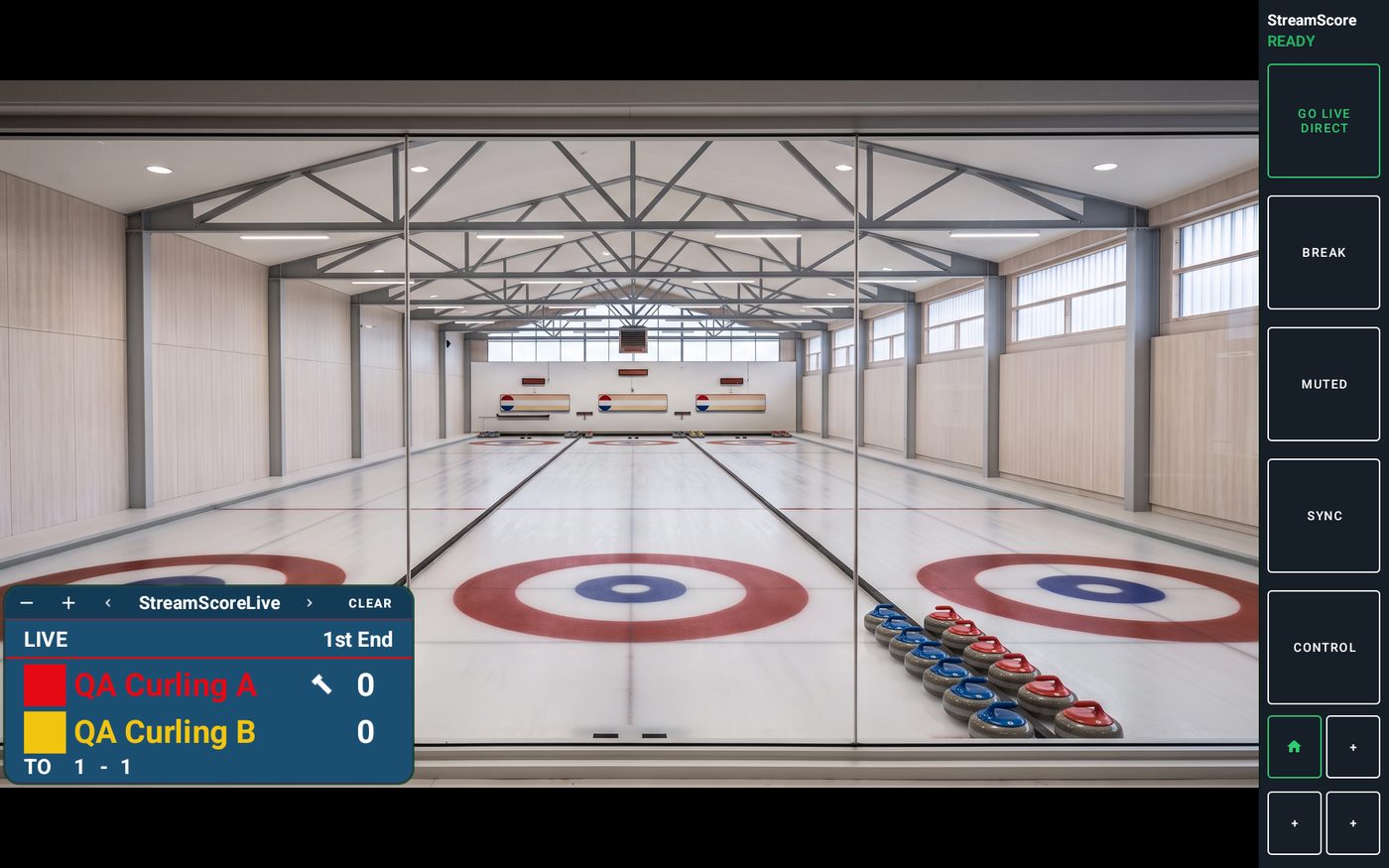 StreamScoreLive on a tablet: a curling club with the end-by-end board, the hammer marker and timeouts
