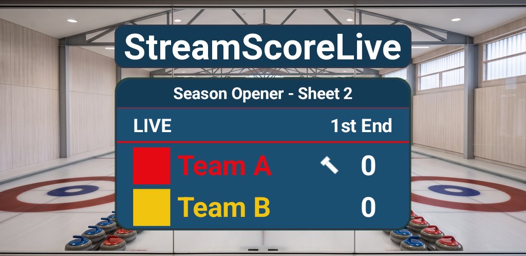 The StreamScoreLive scoreboard over a curling sheet: Season Opener, first end, Team A with the hammer