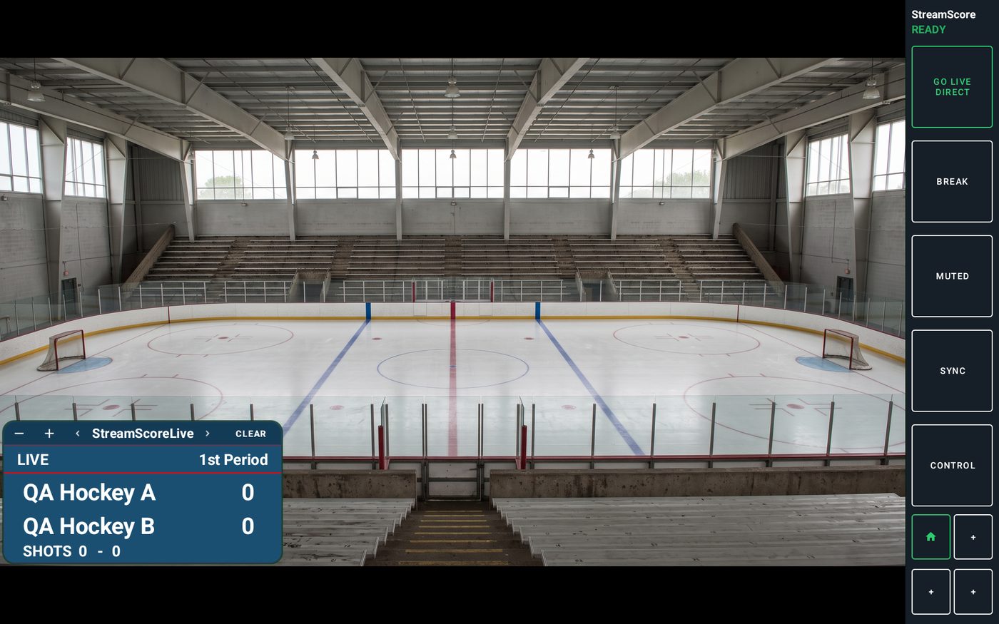 StreamScoreLive on a tablet in landscape: an empty hockey rink with the scoreboard in the corner and the production controls down the right edge