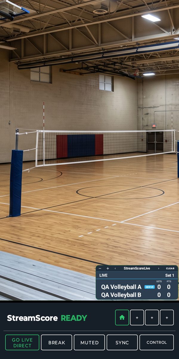 StreamScoreLive on a phone in portrait: a volleyball court with the sets-and-points board and the Go Live control bar